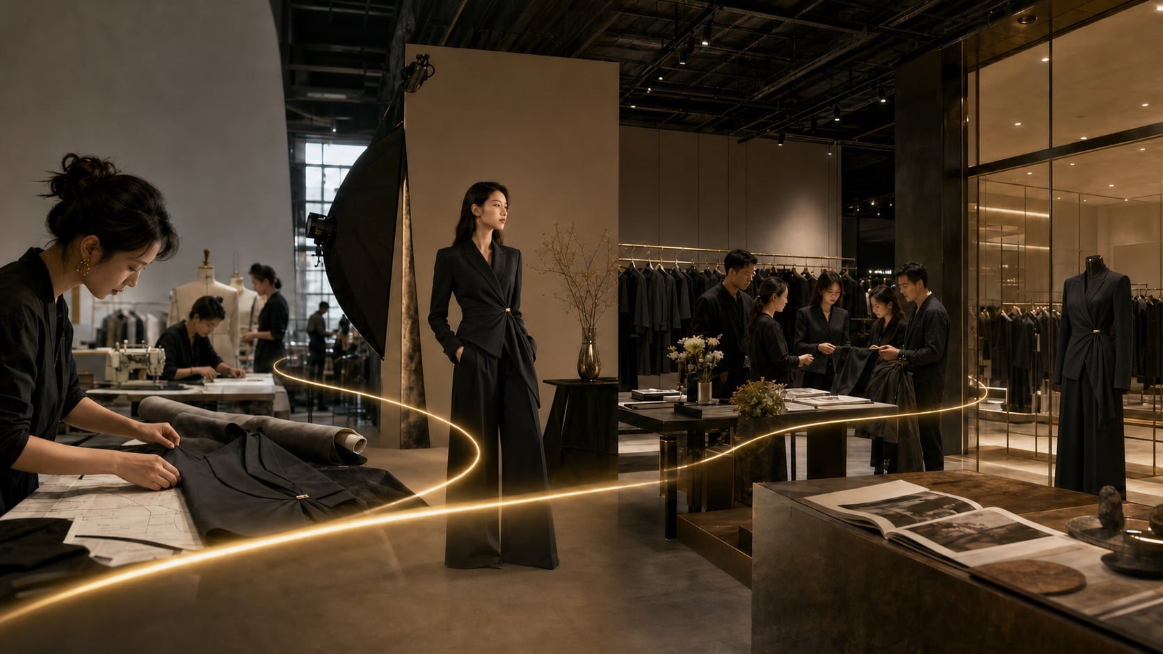 同一服装系列从制作、视觉拍摄、客户洽谈到品牌展厅的连续场景